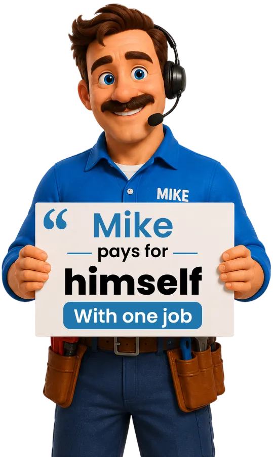 Mike AI Receptionist holding human receptionist vs AI comparison chart
